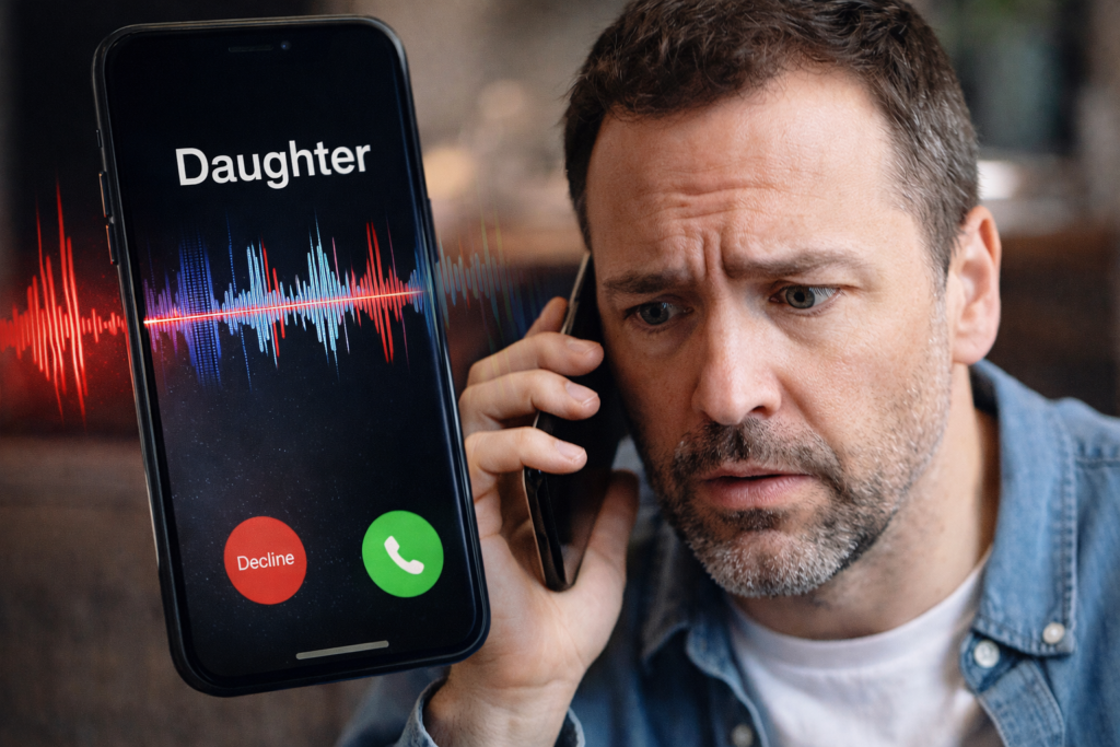 AI voice cloning scam phone call example with concerned parent